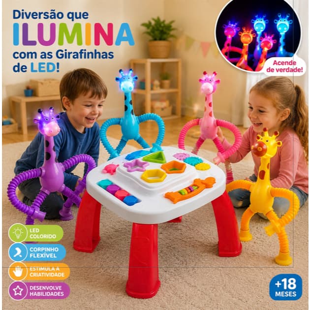 Mesa Didática Educativa Infantil Interativa Sensorial Primeira Infância + Kit 4 Girafas Estica Tubo Montessori