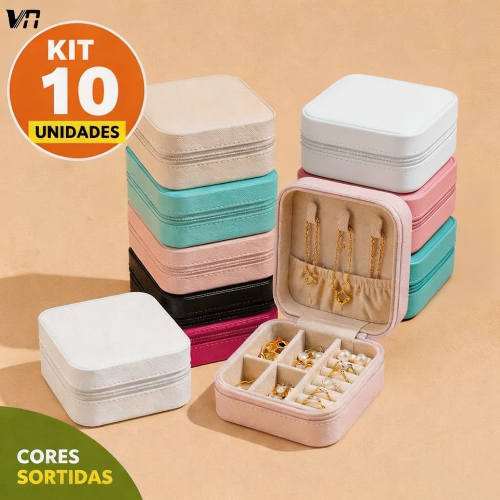 KIT 5/10 Caixa de Joias Portátil Couro com Zíper Organizador de Bijuterias para Viagem Compacto