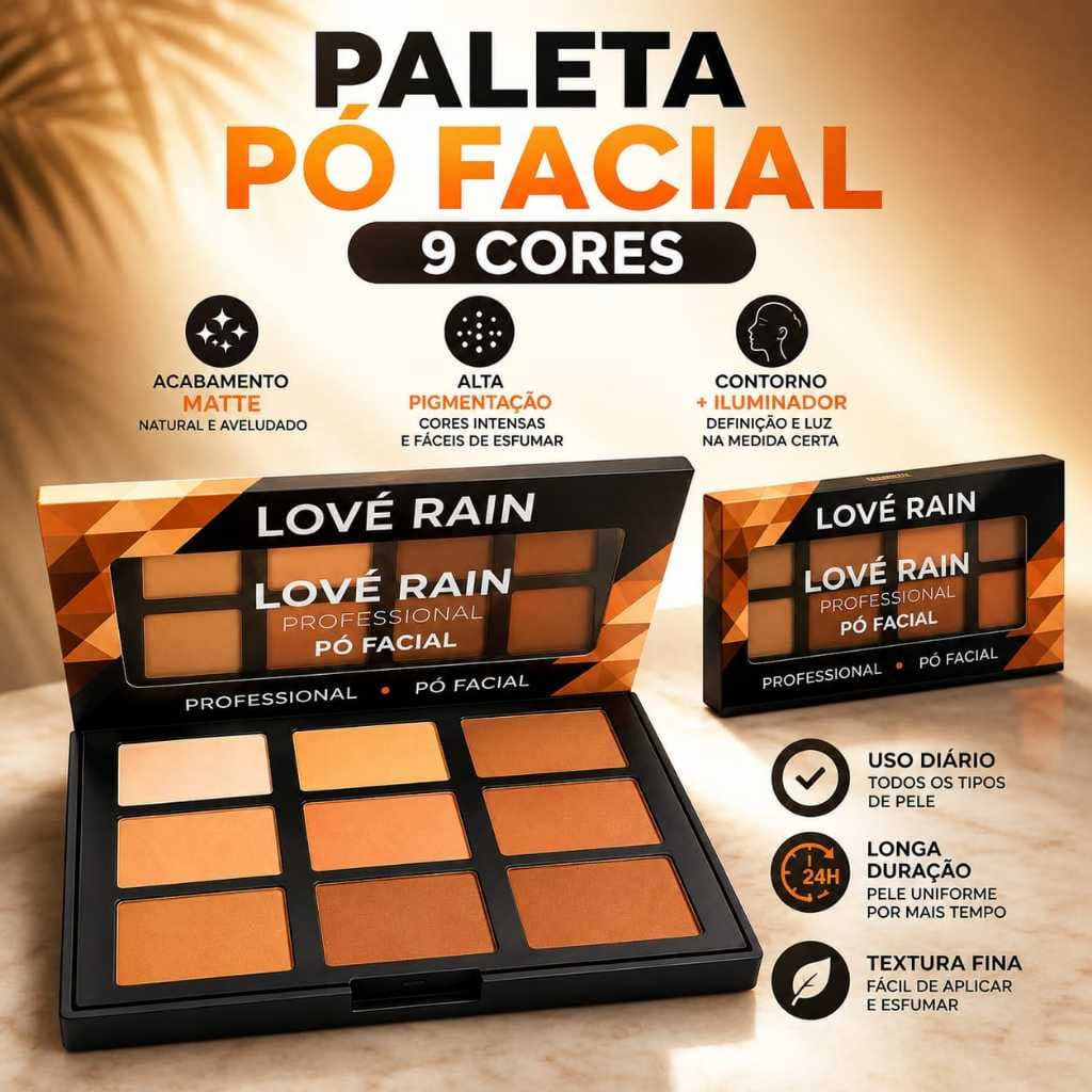 Pó Facial Matte Paleta Love Rain 9 Cores Textura Ultra Fina Acabamento Profissional Disfarce de Poros Maquiagem Completa