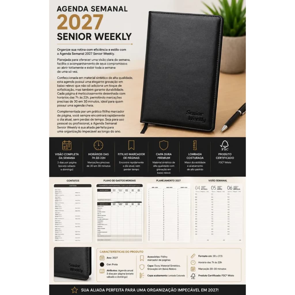 Agenda Anual Costurada 64 Fls Senior Weekly 2027 Cor Preto