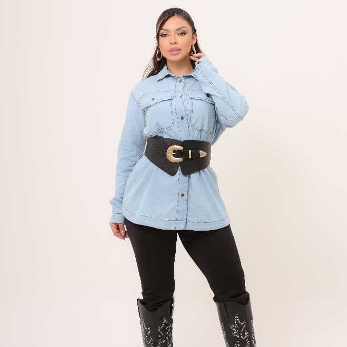 Camisa Jeans Manga Longa Moda Feminina