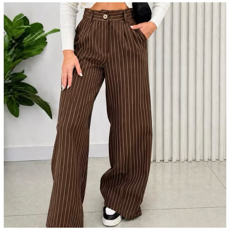 Calça Feminina Alfaiataria Pantalona Risca de Giz – Cintura Alta com Botão | Elegante e Moderna