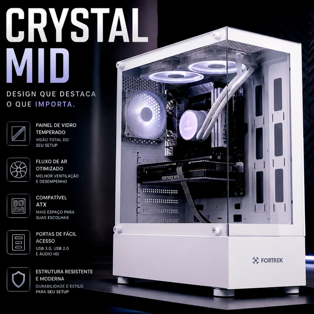GABINETE GAMER ATX BRANCO AQUARIO FORTREK CRYSTAL MID TOWER