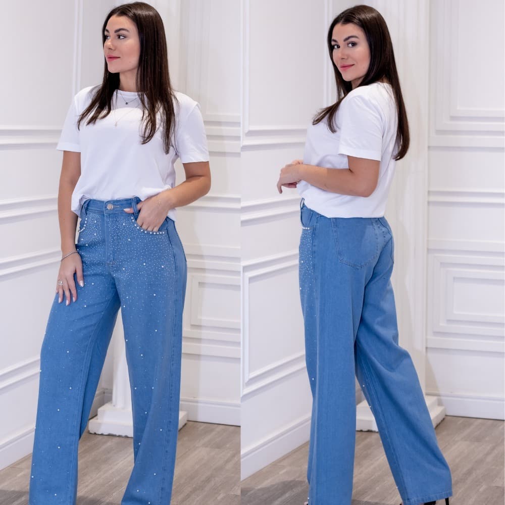 Calça Jeans Wide Leg Com Strass e Pérola na Frente, Cintura Alta -  Modelo Pérola
