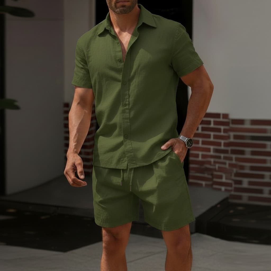 Conjunto Linho Masculino Liso Camisa E Short