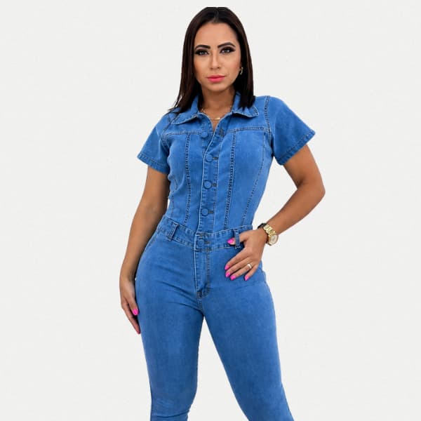 Macacão Jeans Feminino Botão Forrado Caimento Perfeito Moderno Confortável Casual Elegante