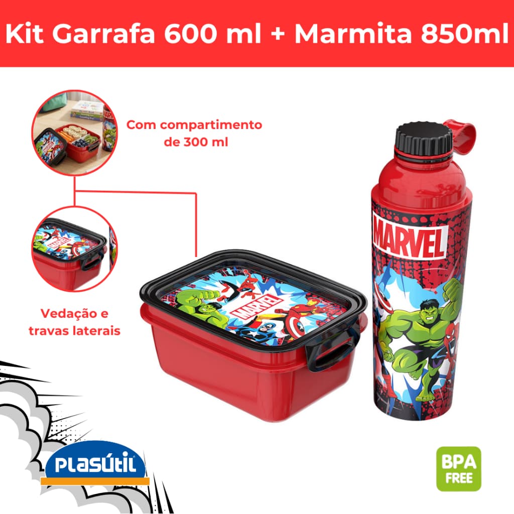 Marmita 850ml Lancheira Escolar c/ Garrafa 660ml Vingadores