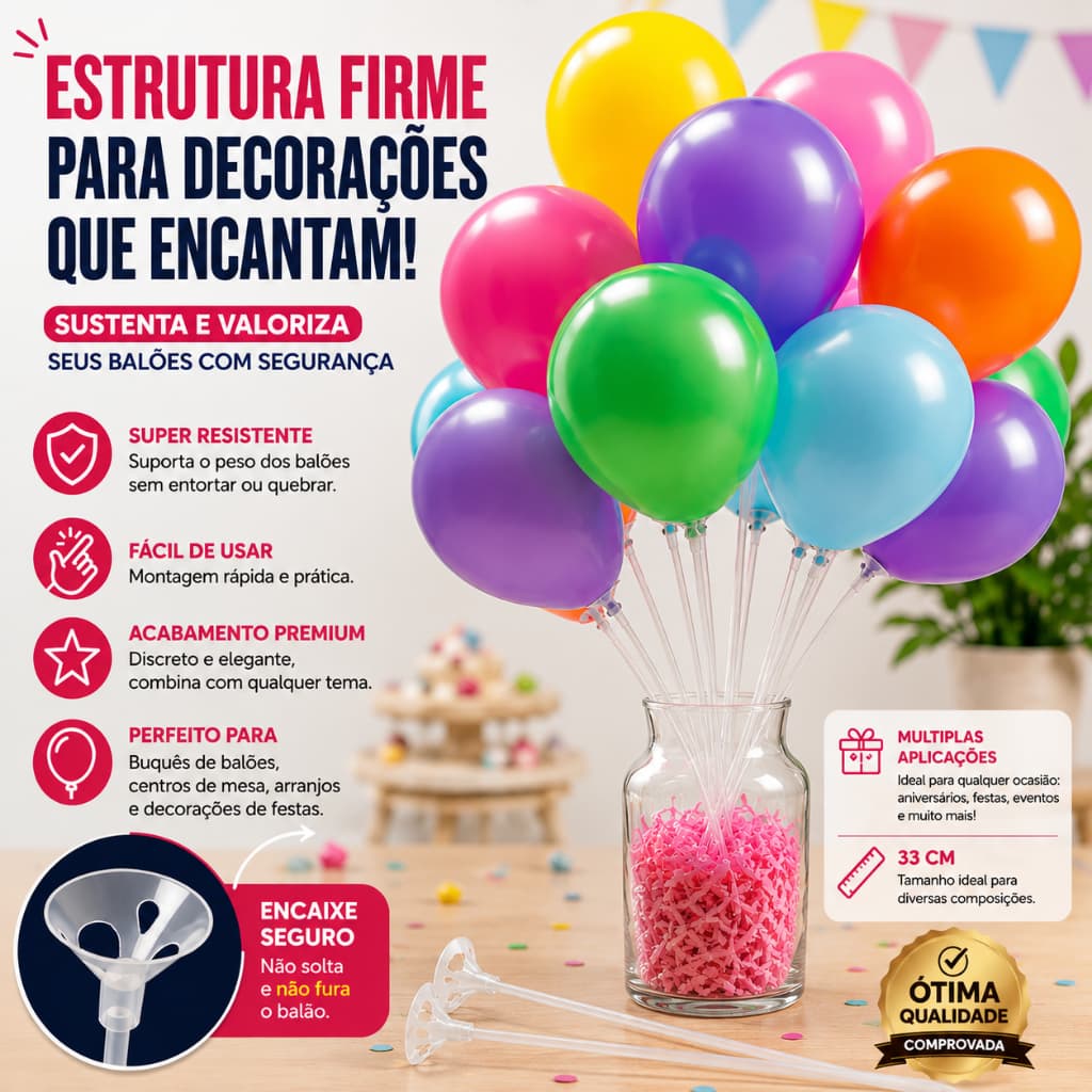 KIT 50 Pega Balão Bexiga Vareta Suporte Centro de Mesa 33 cm