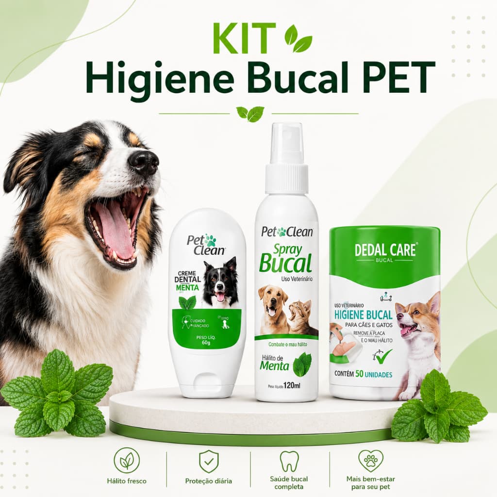Kit Higiene Dental Pet Cachorro Creme Dental 90g Spray Hálito 120ml Dedal Care Pet Clean