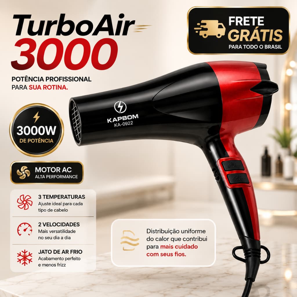 Secador de Cabelo 110V Profissional TurboAir 3000W  Secagem Rápida