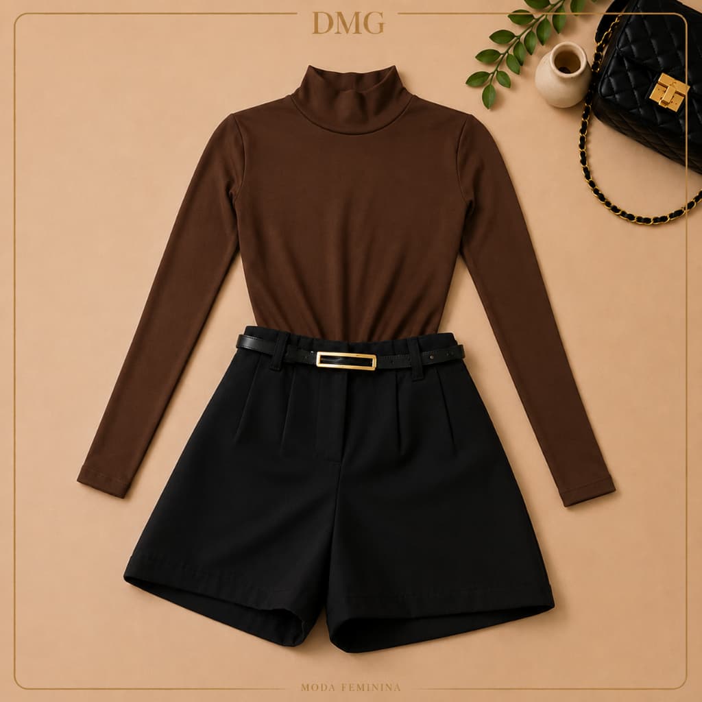 Conjunto Feminino Body Gola Alta Suplex + Short Alfaiataria Cintura Alta Elegante Casual Moda 2026