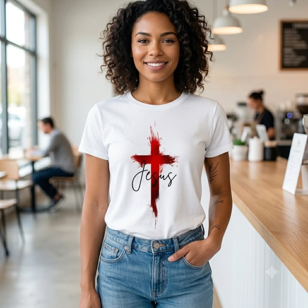 Camiseta Feminina Cristã Evangélica Jesus Católica Estampa Cruz Jesus 100% Algodão Tecido Premium