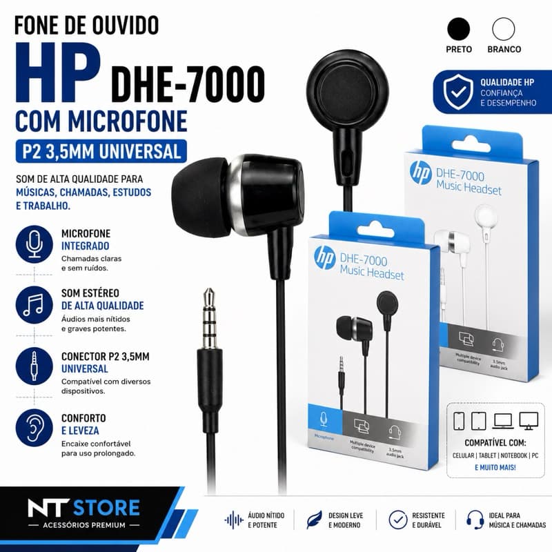 Fone de Ouvido HP DHE-7000 com Microfone P2 3,5mm Para Celular Notebook PC Gamer