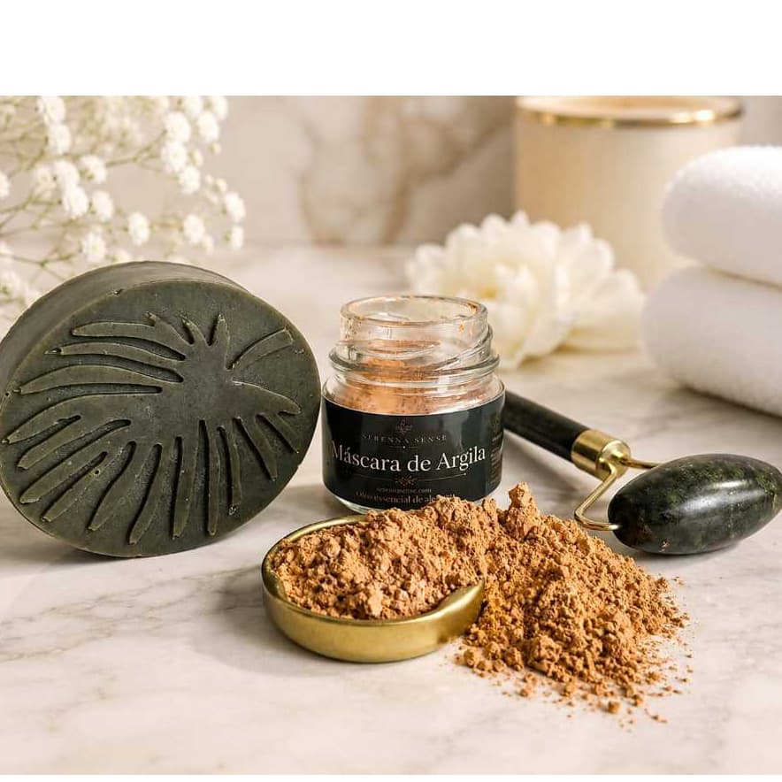 Kit Skincare Cuidado Facial Argila dourada com Oleo Essencial + Rolo de Jade + Sabonete Detox Facial