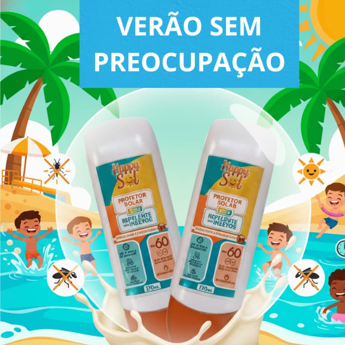 Kit 2 Protetor Solar Happy Sol FPS 60 com Repelente Icaridina 120ml - Proteção Completa para Família