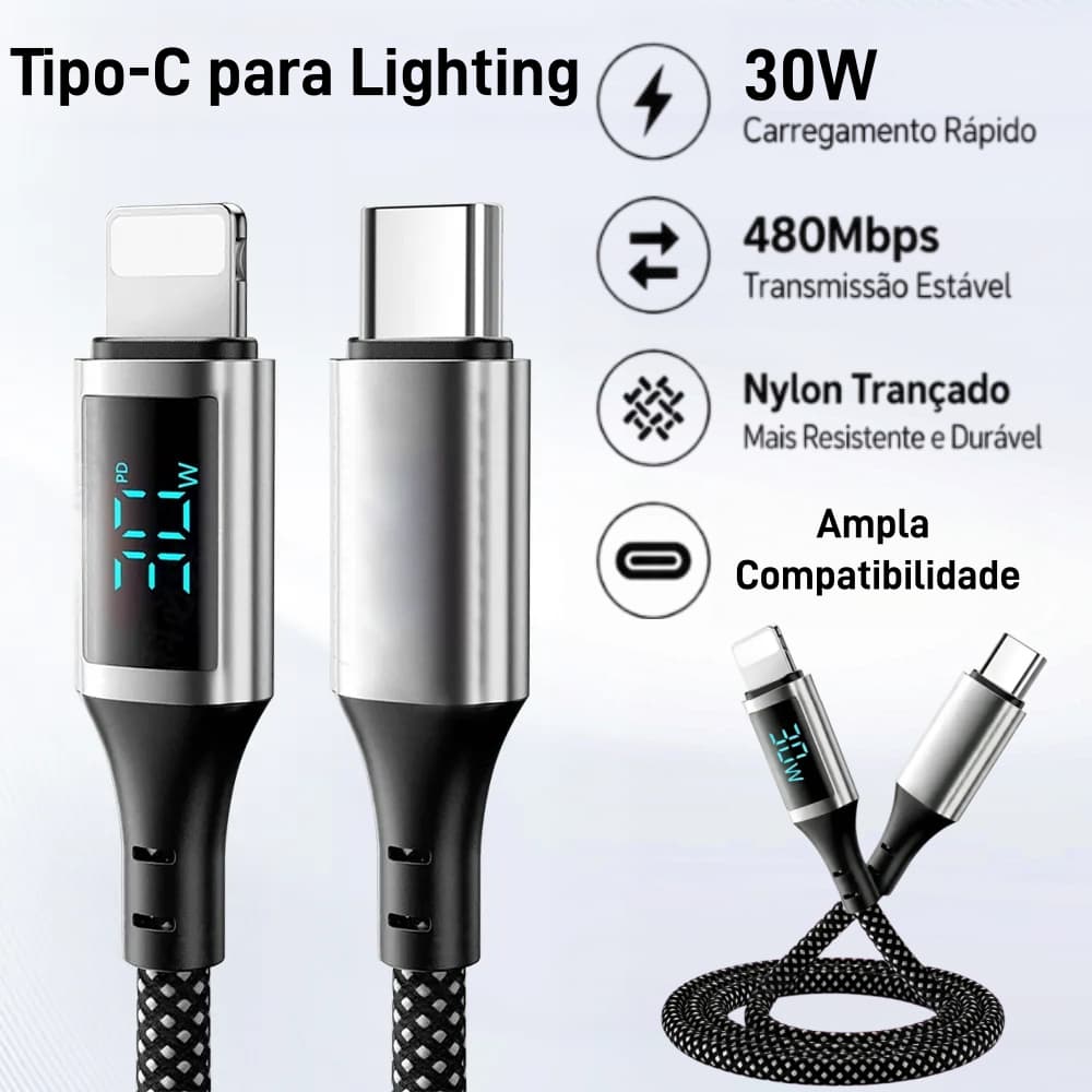Cabo USB C para Lightning 1M/2M 30W PD Trançado Para iPhone Android Carregamento Rápido