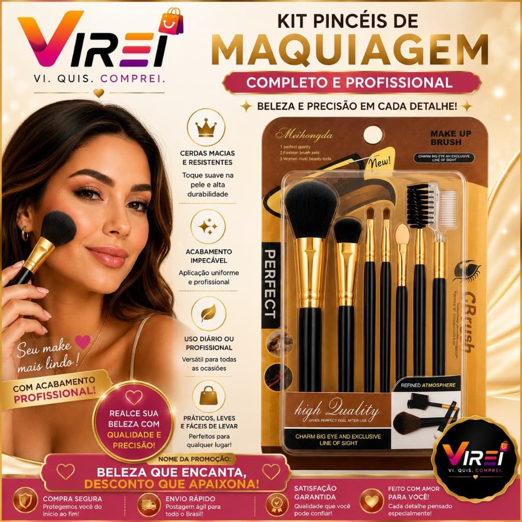 Kit Pincéis de Maquiagem Profissional 7 Peças | Cerdas Macias | Para Base, Pó, Blush, Sombra e Sobrancelha | Alta Qualid