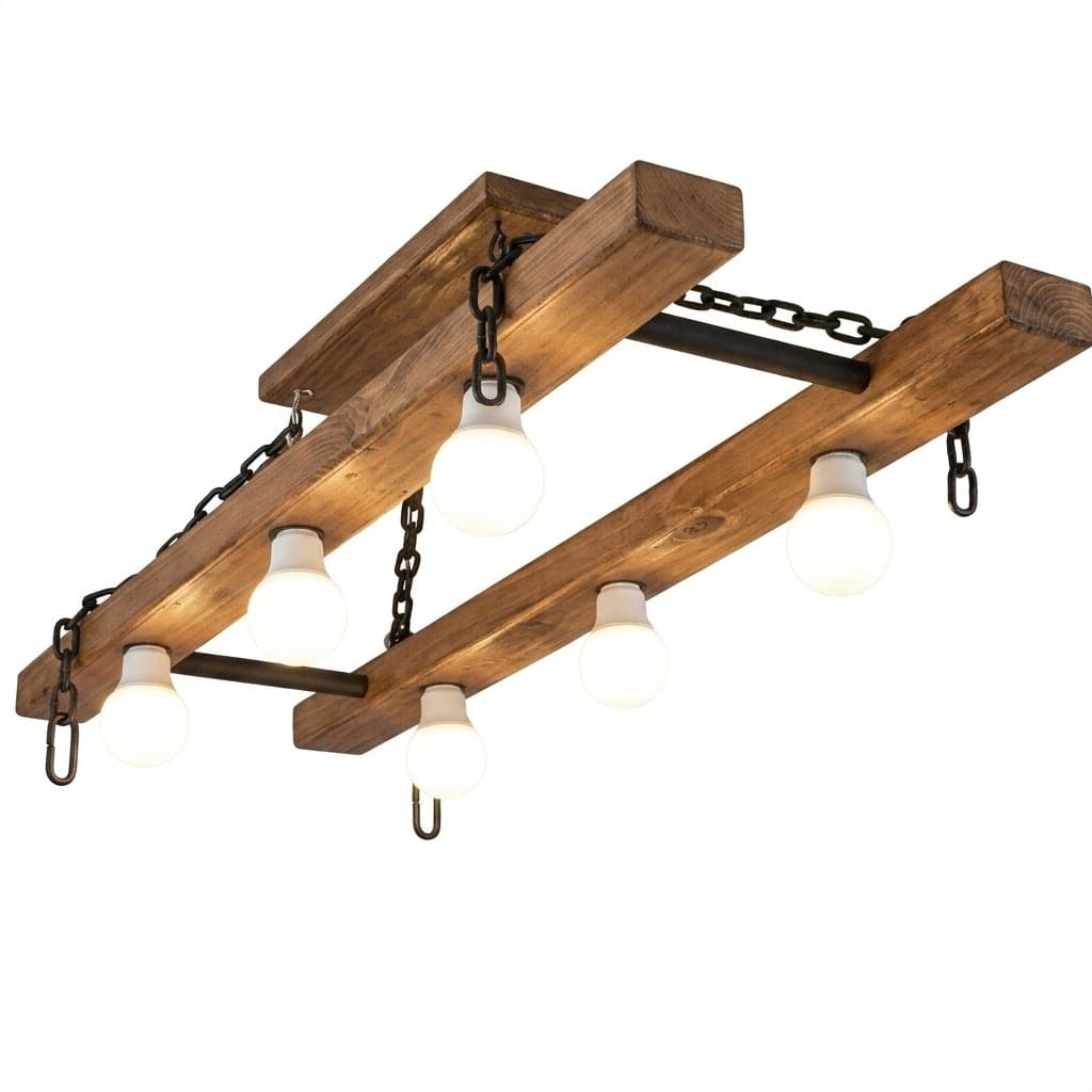 Lustre Pendente Hanisch Rústico Industrial Madeira Maciça 90cm Para Sala de Jantar