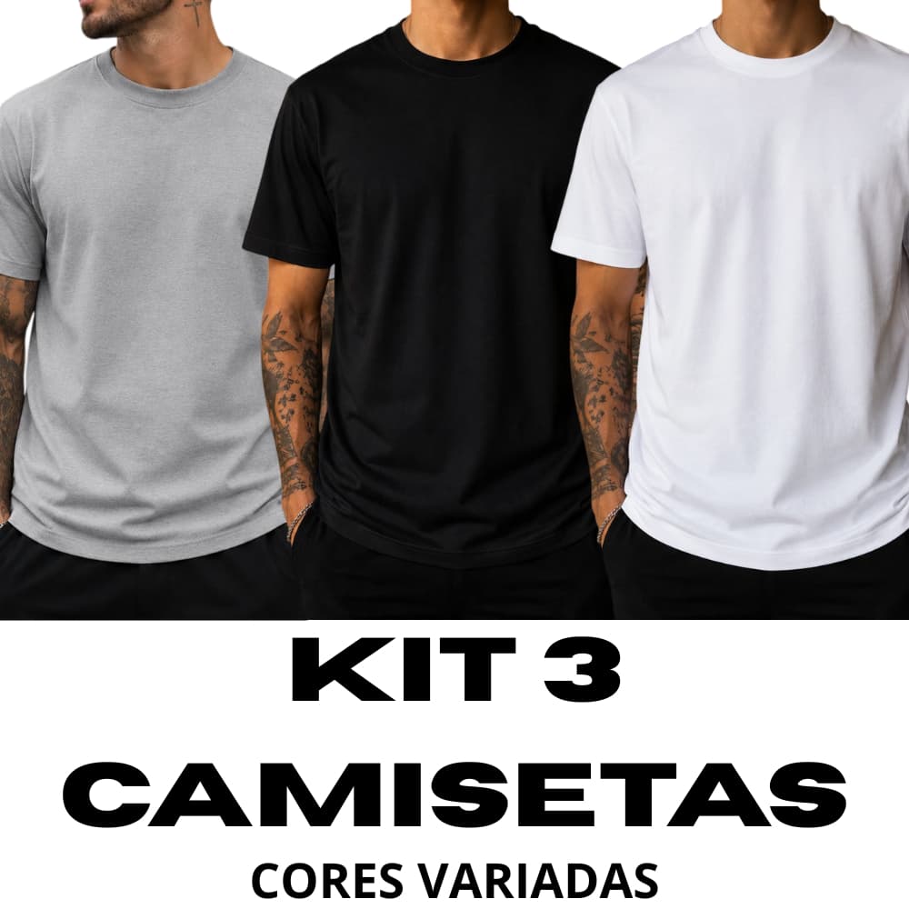 Kit 3 Camisetas Algodão Masculinas Básica Premium Confortável Lisa Cores Variadas Slim
