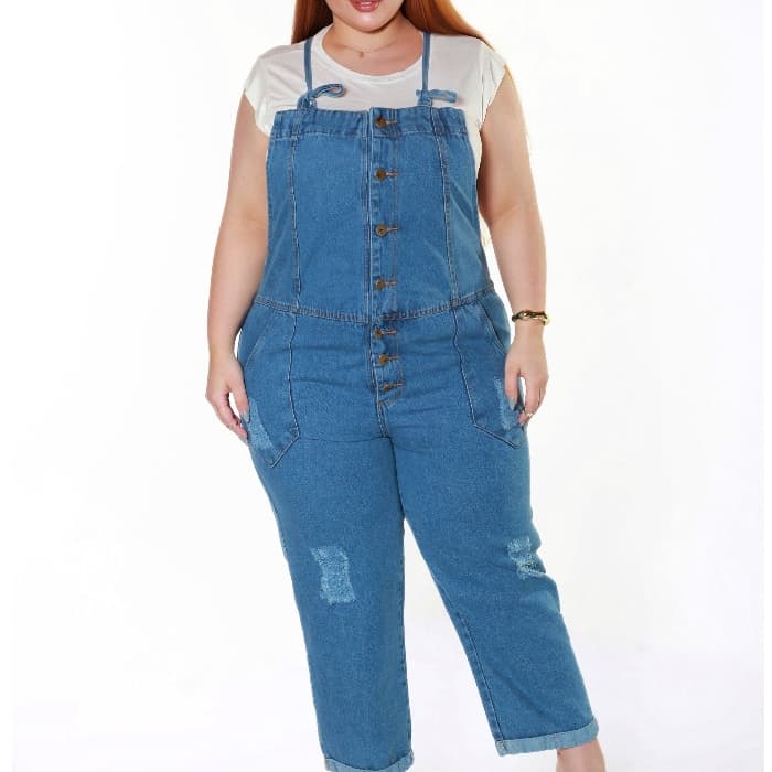 Macacão  feminina plus size Calça Jeans Rasgado Jardineira  jeans Feminina Comprido lançamento