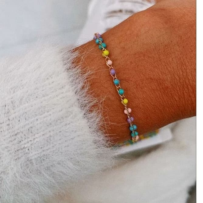 Pulseira Bolinhas Coloridas em Resina no Aço Inoxidável.