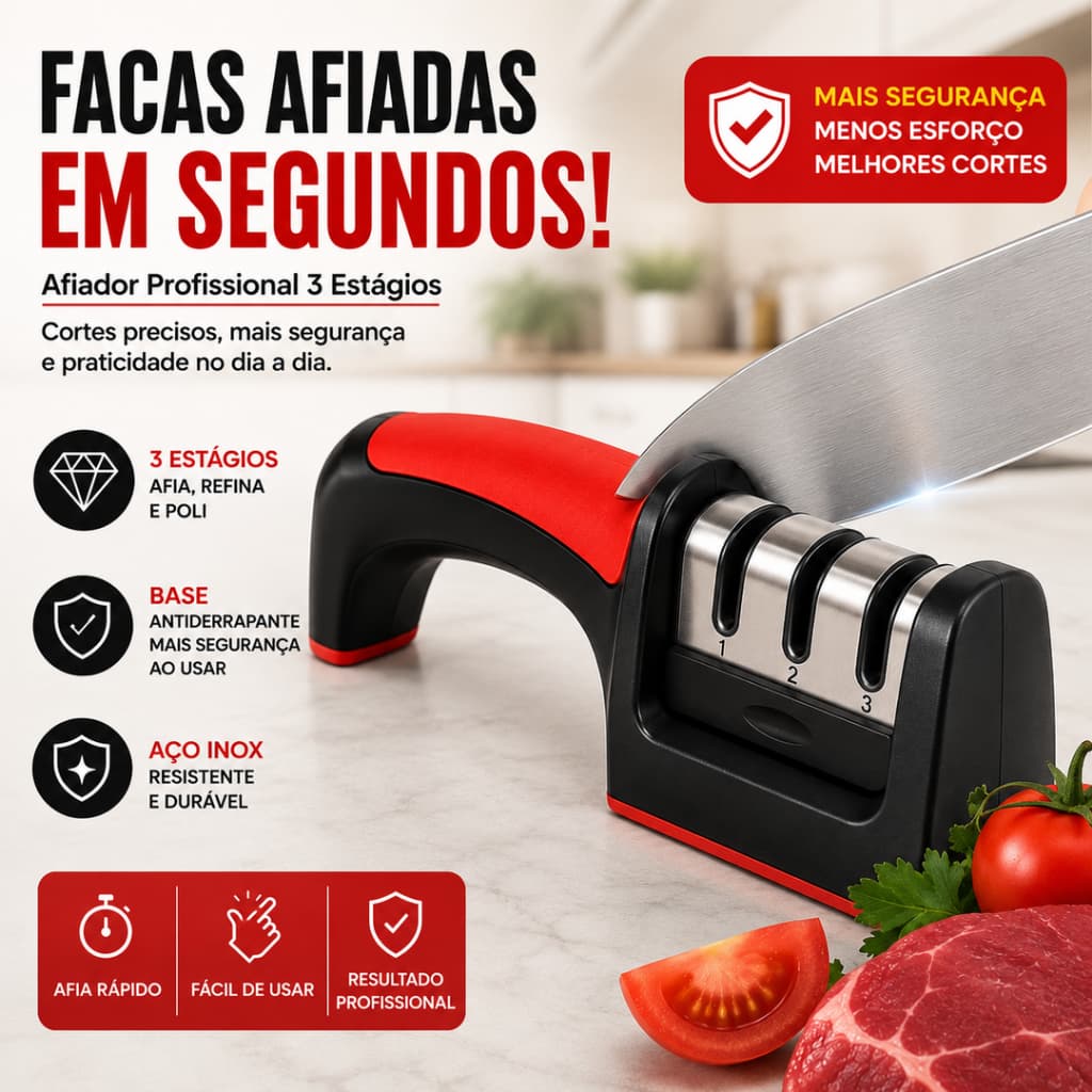 Afiador de Facas Profissional 3 Estágios Amolador em Aço Inox Base Antiderrapante