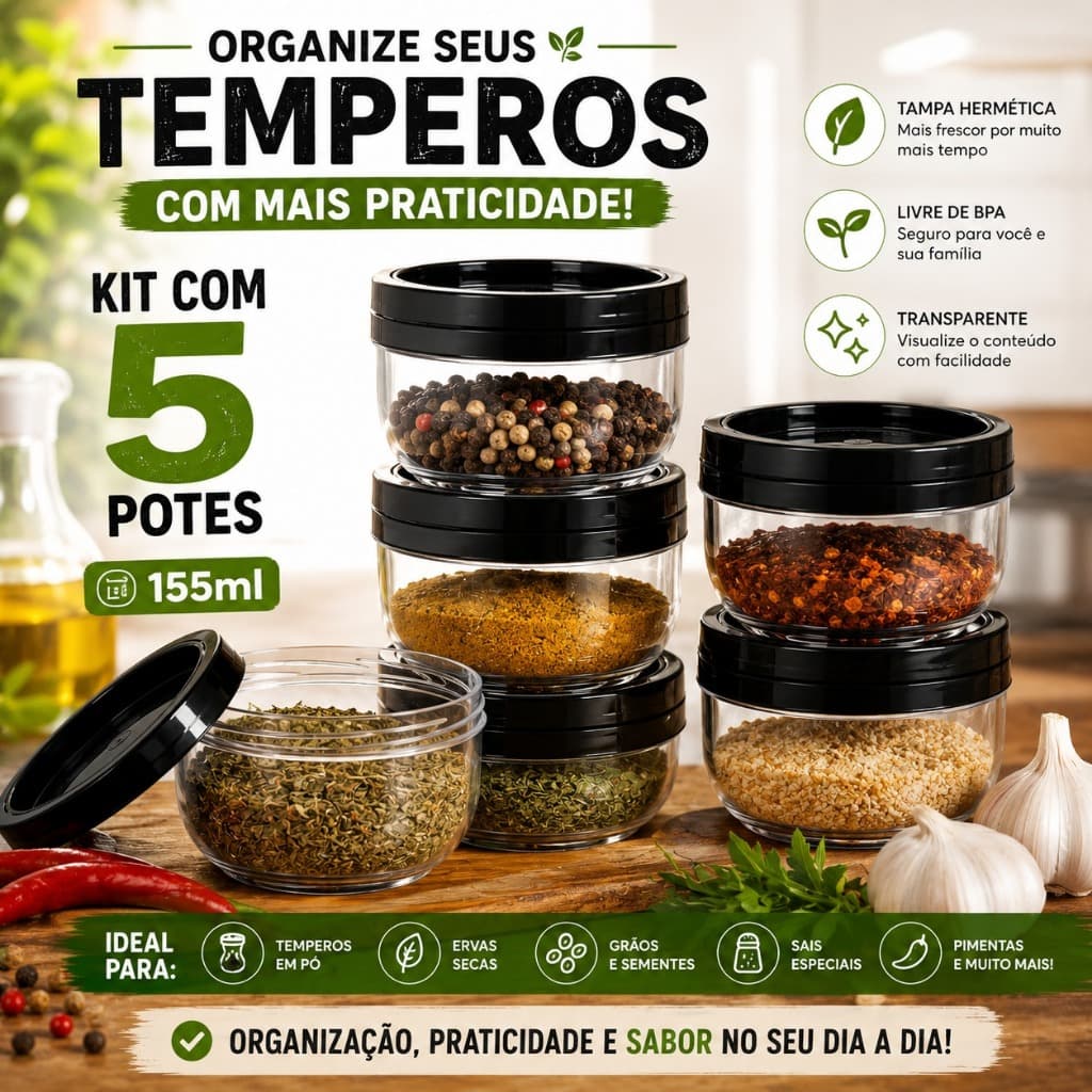 Kit 5 Potes Plasútil Gire e Trave 155ml Hermético Tampa Rosca Organizador BPA Free