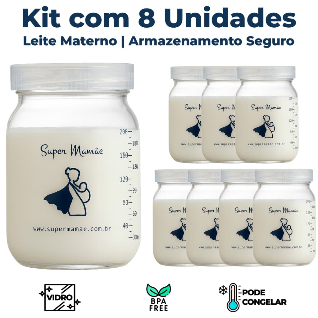 Kit 8 Potes de Vidro 200ml para Armazenar Leite Materno – Tampa Plástica BPA Free