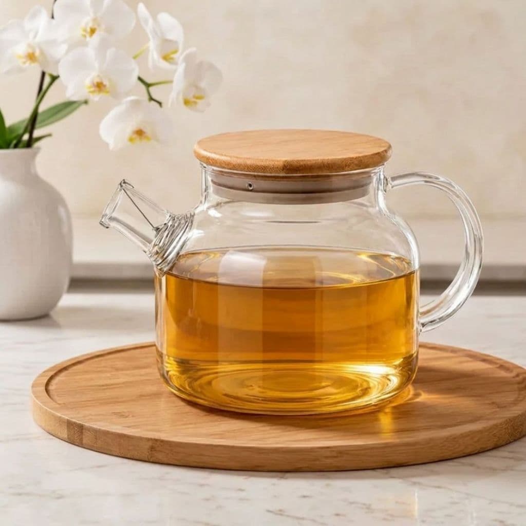 Bule Chaleira de Vidro 1L Borossilicato Premium para Fogão com Filtro Inox Tampa de Bambu Mesa Posta