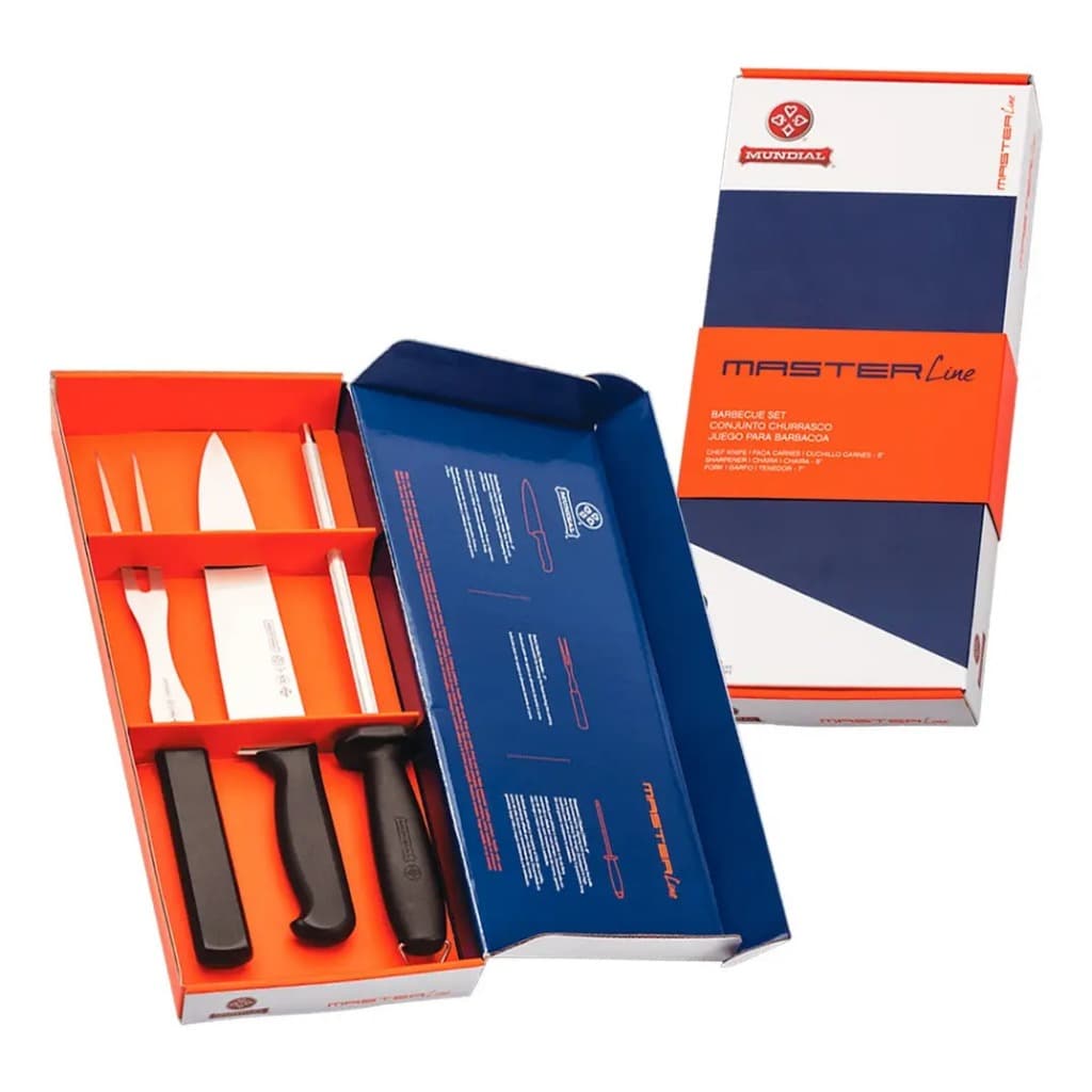 Kit Churrasco Mundial Aço Inox 3 Pçs Faca Garfo E Chaira Amolador