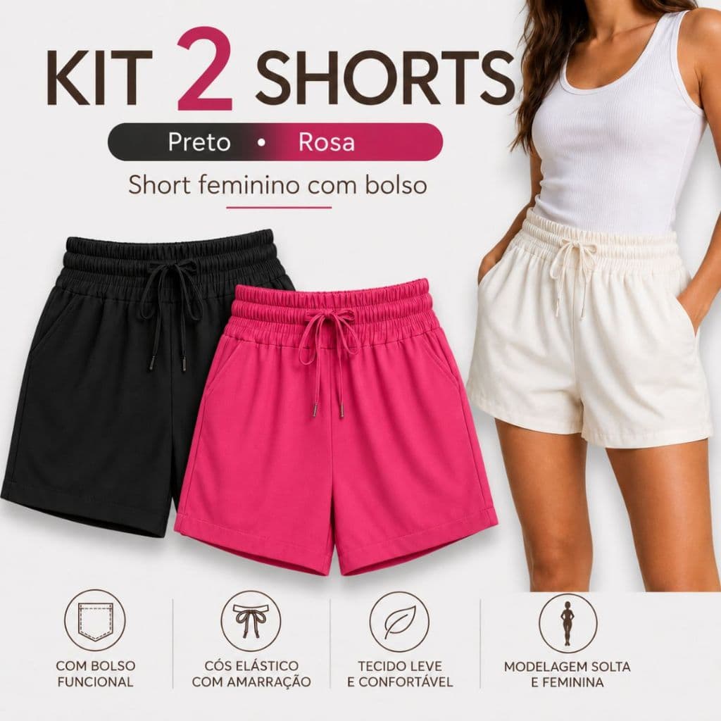 Kit 2 Shorts Femininos Alfaiataria Basico  Cintura Alta com Elástico, Cordão e Bolsos – Confortável, Soltinho e Elegante