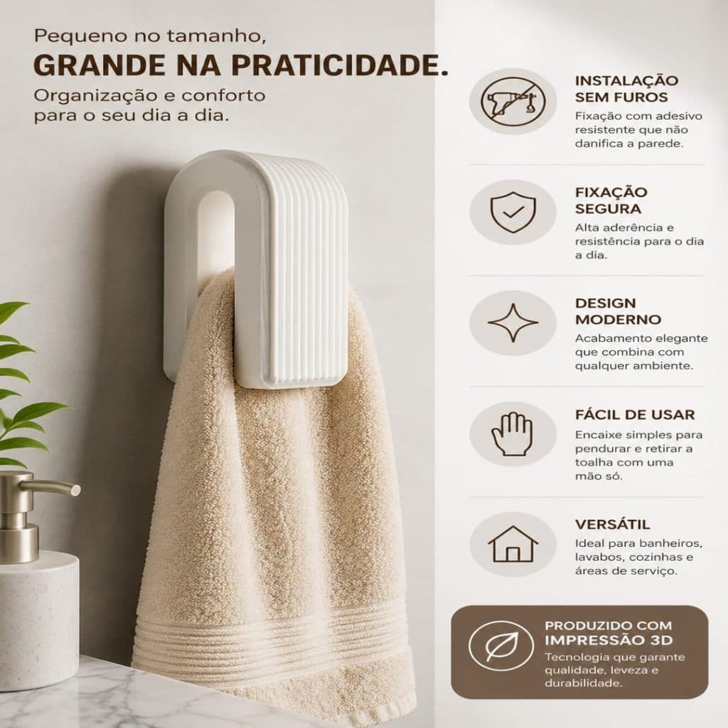 Kit 3 Porta Toalha para Banheiro e Lavabo | Cabide Suporte de Toalha | Design Moderno | impressão 3d