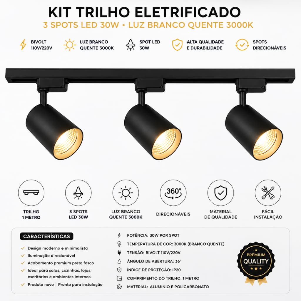 Kit Trilho Preto Eletrificado Iluminação Decorativa Ambientes Aconchegantes Mayler + 3 Spots Direcionáveis 3000K