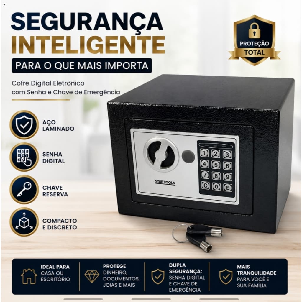 Cofre Digital Eletrônico SafeVault Pro™ com Senha, Teclado Digital e Chave de Emergência em Aço Laminado Preto