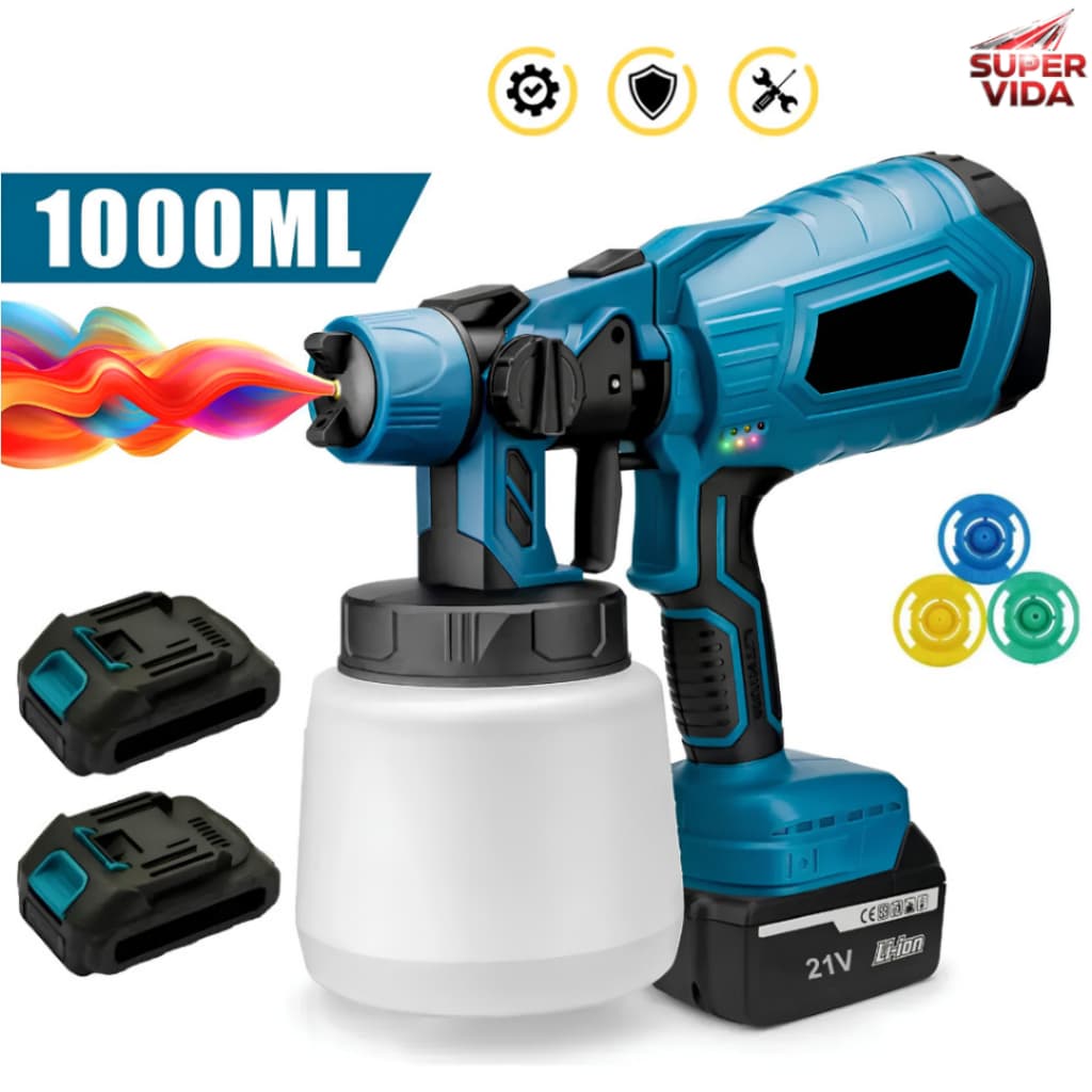Pistola de Pintura Elétrica 21V 1000ml 2 Baterias Lítio Bicos Ajustáveis Para Pintura Parede Móveis