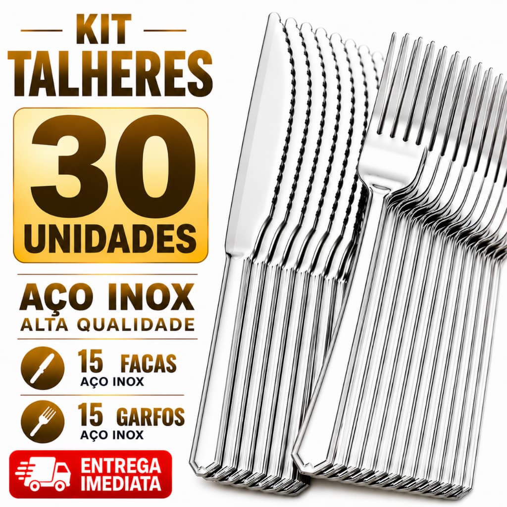 Jogo 30 Unidades Talheres Inox 15 Facas 15 Garfos Casa Cozinha Restaurante Buffet Prata Aço Inoxidável Brilho
