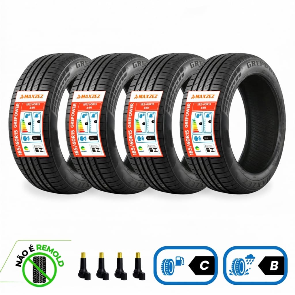 Kit Pneus 185/60 R15 Maxzez Alto Indice de Velocidade 84H Resistente 100% Original Com Bicos de Ar