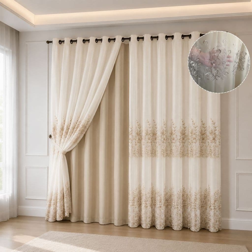Cortina Voil Flame Bordada com Forro Microfibra 2,60 X 1,80 (largura x Altura) Gaze de Linho