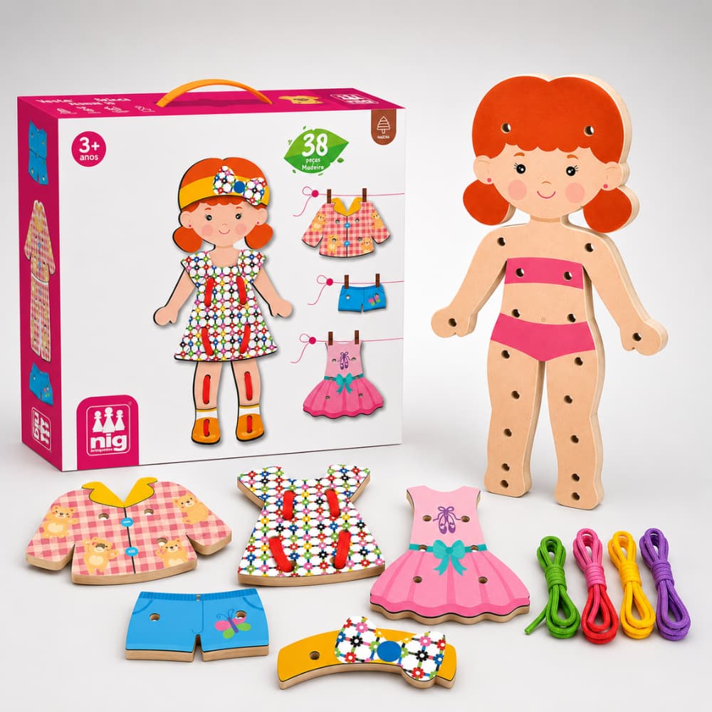 Brinquedo Educativo Veste & Brinca – Boneca de Madeira com Alinhavos + 37 Peças e 6 Cadarços