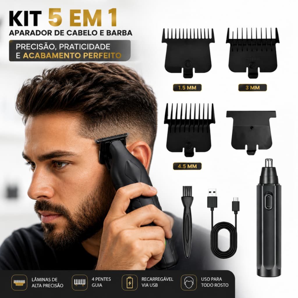 Máquina de Cortar Cabelo Profissional 5 em 1 Aparador Barba Nariz Corpo Recarregável Sem Fio Masculina