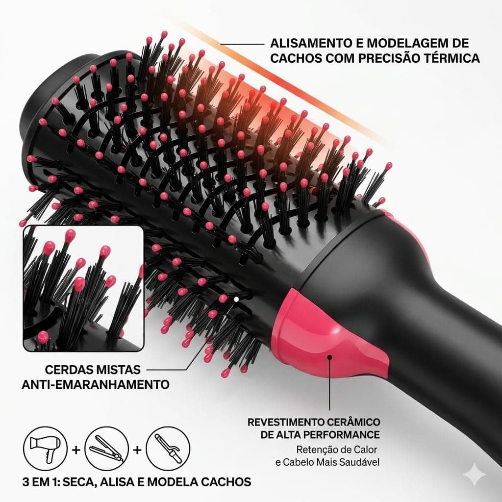 Escova Rosa Secadora Alisadora 3 em 1 alisa e seca - 110v