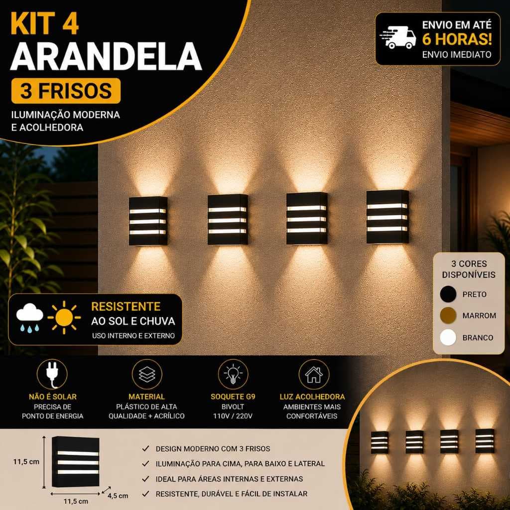 Kit 4 Arandela Luminária De Parede Slim 3 Focos 3 Frisos Uso Interno e Externo Acompanham Lâmpada Led 5w