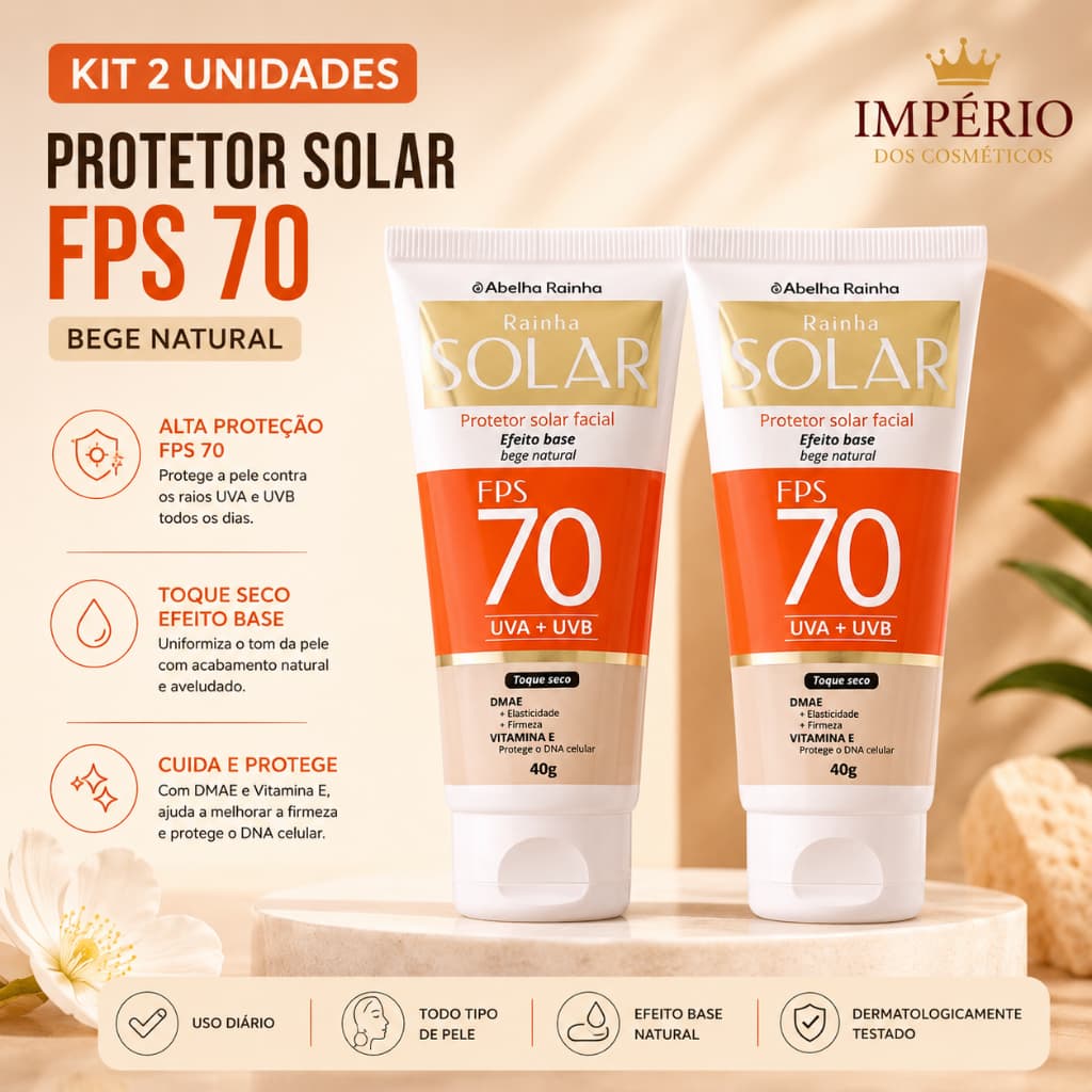 Kit 2 Protetor Solar Facial FPS 70 Cor De Base - Bege Natural - Abelha Rainha