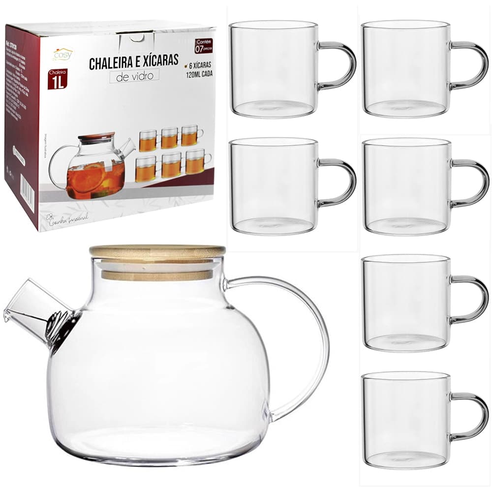 CHALEIRA DE VIDRO BOROSSILICATO COM 6 XICARAS + COADOR INOX NO BICO E COM TAMPA DE BAMBU 1L/120ML