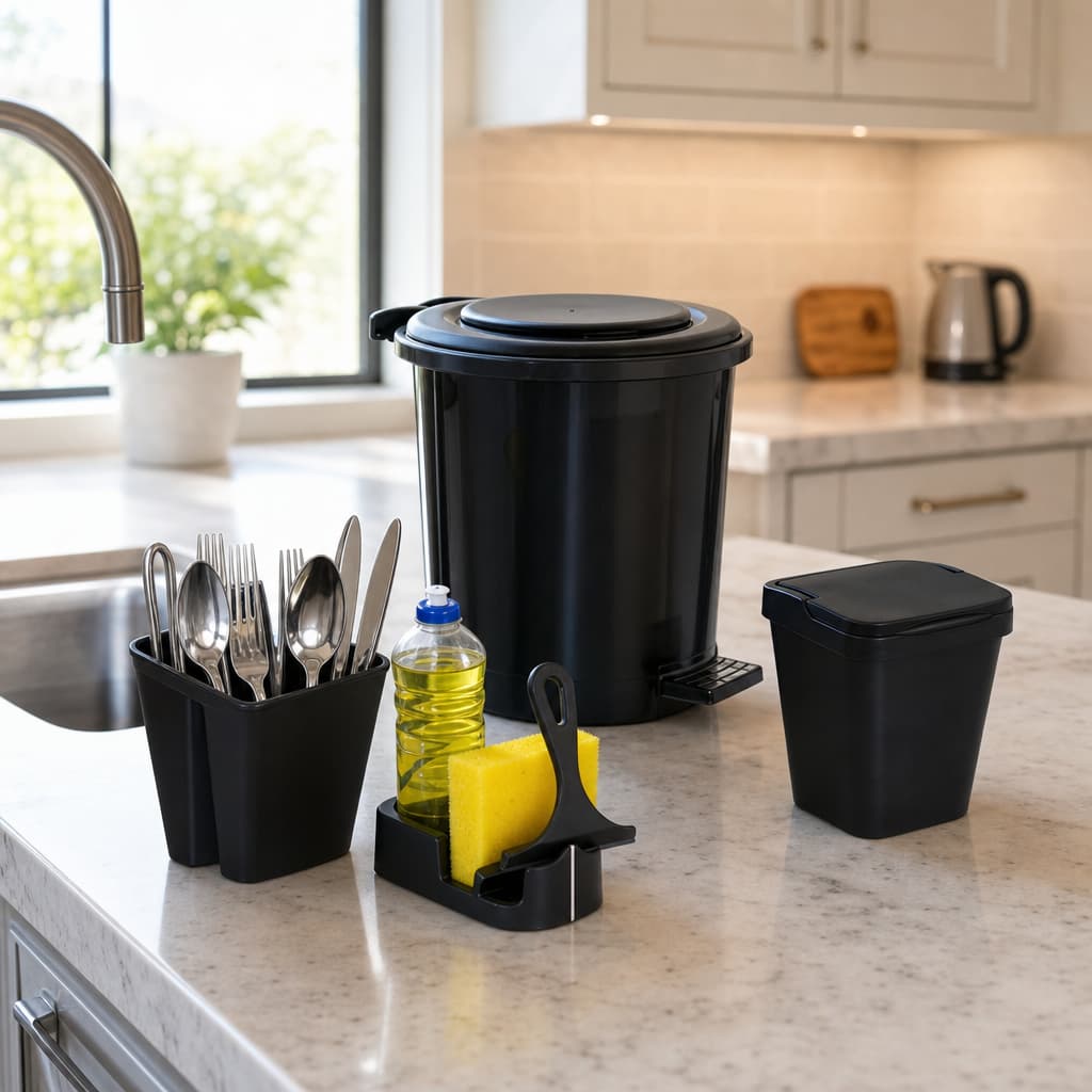 Kit Completo Organizador de Cozinha Lixeira 5L + Porta Detergente + Rodinho + Porta Talher + Lixeira 7Litros