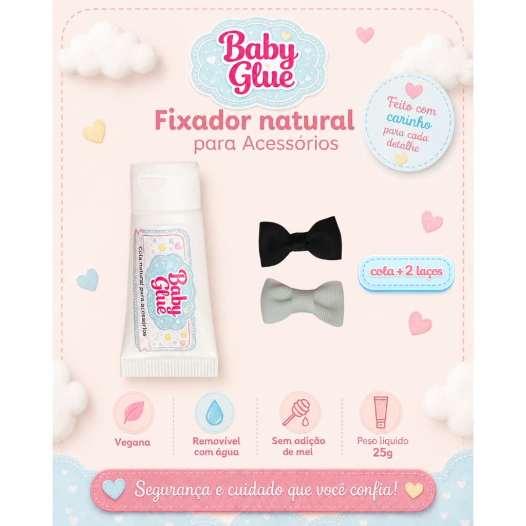 Kit Baby Glue Cola para Laço de Bebê + 1 Laço Branco e 1 Laço Preto para RN Menina Sem Cabelo