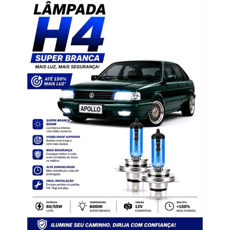 KIT 2 LÂMPADAS H4 SUPER BRANCA 12V 60/55W – MAIS VISIBILIDADE E ESTILO PARA SEU CARRO