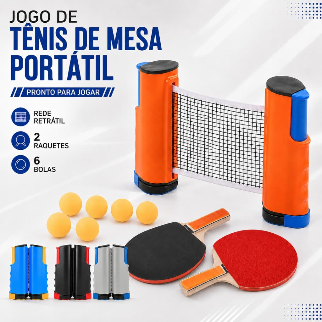 Kit Para Ping Pong Com 2 Raquetes 6 bolinhas e 1 Rede Portátil Retratil Adaptável