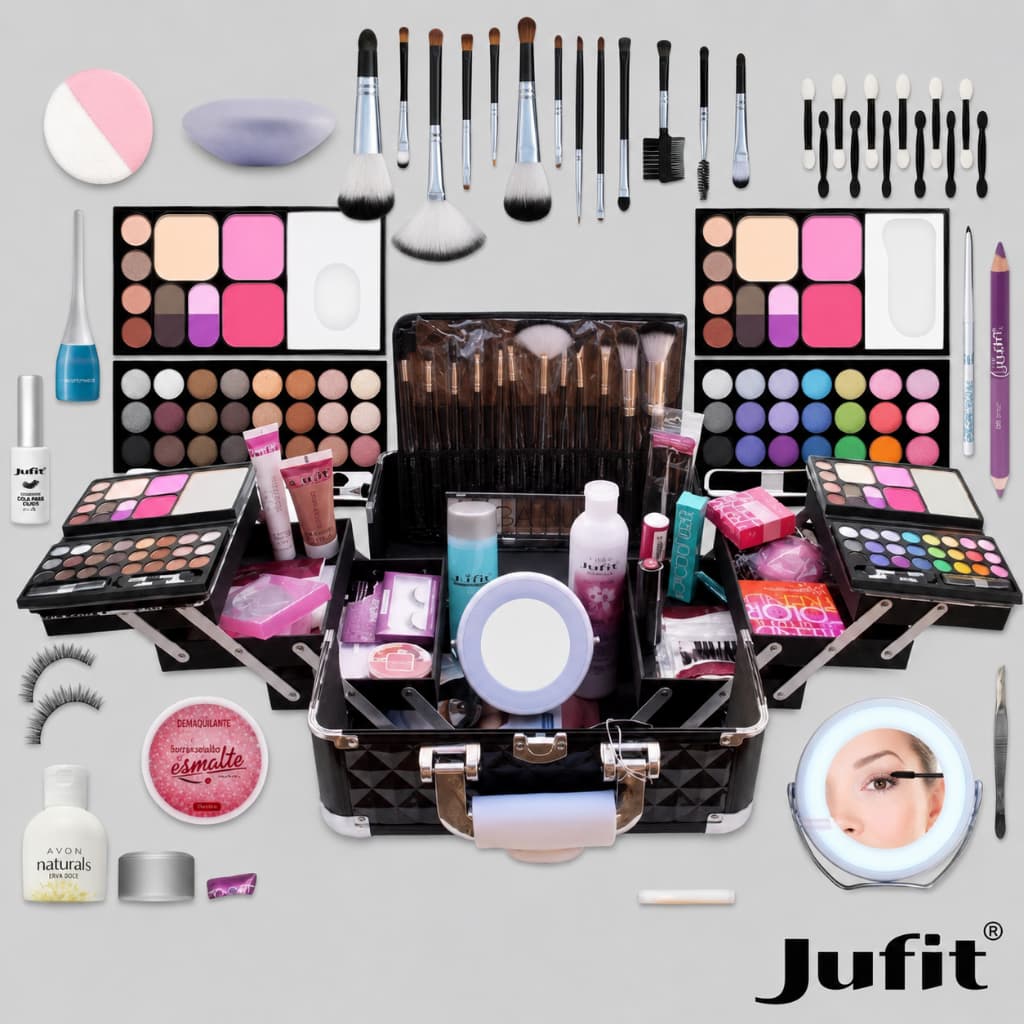 kit de maquiagem com 10 itens,completo com pincel,blush,iluminador,sombra,batom,gloss,lapis de olho,po banana e muito ma