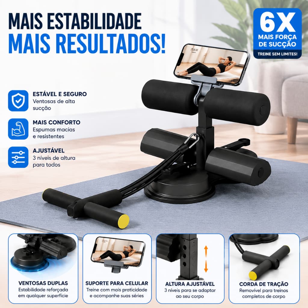 Auxiliar de Abdominais com Ventosa + Suporte Celular | Ajuste de 3 Níveis | Protege Abdome/Knees | Para Casa/Ginásio